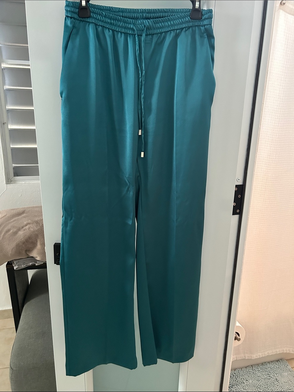 Zara Teal Straight-Leg Drawstring Pants